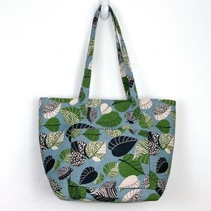Canvas leaf tote bag large handmade tote blue with green, white & black leaves